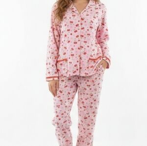 Pink Cherry Print 100% Cotton Pajamas Pants and Long Sleeve Top